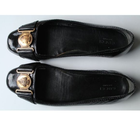 Gucci Patent Leather Gold Buckle Flats Size 6 Black Authentic - Picture 1 of 9